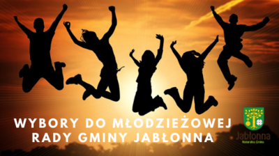 Zdjęcie młodych osób na tle zachodzącego słońca, tekst wybory do młodzieżowej rady gminy Jabłonna