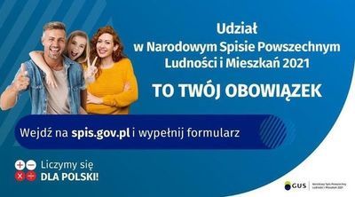 grafika, troje ludzi na granatowym tle, tekst udział w narodowym spisie powszechnym ludności i mieszkań to twój obowiązek