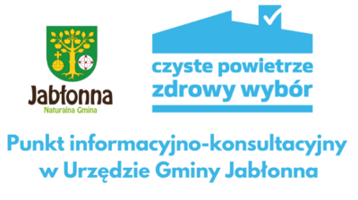 Logo programu czyste powietrze, herb gminy Jabłonna, tekst punkt informacyjno-konsultacyjny w Urzędzie Gminy Jabłonna