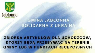 Zbiórka artykułów dla uchodźców, w tle kolor flagi Ukrainy, herb Gminy Jabłonna