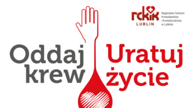 Kawałek plakatu z napisem Oddaj krew Uratuj życie