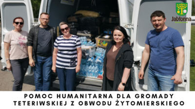 zdjęcie pięciu osób, tekst pomoc humanitarna dla gromady Teteriwskiej z obwodu żytomierskiego