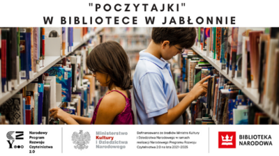 dwoje dzieci zdejmujących książki z półki, logotypy, tekst poczytajki w bibliotece w Jabłonnie