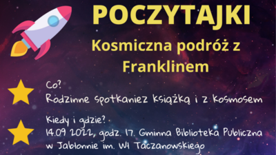 Grafika, rakieta, tekst poczytajki kosmiczna podróż z Franklinem