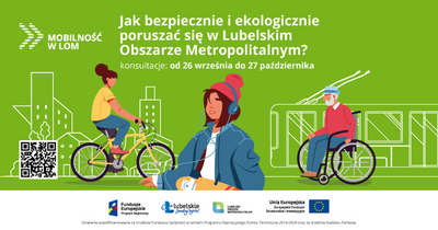 Grafika na zielonym tle, osoba na rowerze, wózku inwalidzkim i z deskorolką
