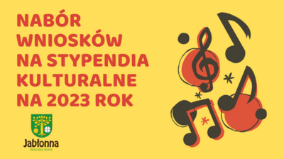 grafika, nuty na żółtym tle, tekst nabór wniosków na stypendia kulturalne na 2023 rok