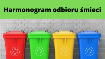 kosze na śmieci w różnych kolorach, tekst harmonogram odbioru śmieci