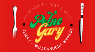 Grafika, nóż i widelec na czerwonym tle, tekst Pełne gary, temat wielkanocne wypieki