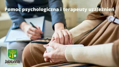 zdjęcie dwóch siedzących osób, jedna trzyma drugą za rękę, tekst pomoc psychologiczna i terapeuty uzależnień