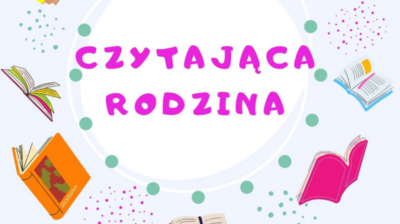 Grafika rysunki książek, tekst czytająca rodzina