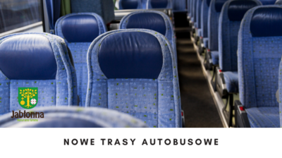 Zdjęcie wnętrza autobusu, tekst nowe trasy autobusowe