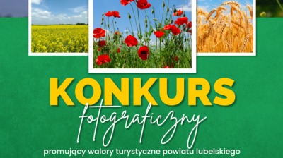 kawałek plakatu zielone tło zdjęcia krajobrazów konkurs fotograficzny promujący walory turystyczne powiatu lubelskiego