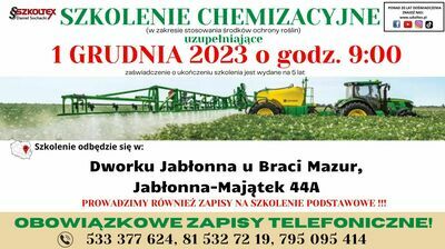 Szkolenie chemizacyjne, traktory na polu prowadzą oprysk, informacje o szkoleniu, miejscu, dacie, czasie, numerach kontaktowych.