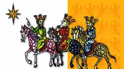 Zdjęcie przedstawia stylizowaną, kolorową ilustrację trzech królów na koniach, na dwóch różnokolorowych tłach, z lewej białym, z gwiazdą, z prawej pomarańczowym z ludzkimi sylwetkami.