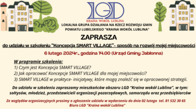 Zdjęcie przedstawia plakat na szkolenie dotyczące koncepcji "Smart Village". Zawiera grafiki domów, drzew, ludzi oraz informacje o wydarzeniu, organizatorach i funduszach UE.