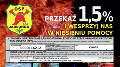 Plakat promujący wsparcie dla Ochotniczej Straży Pożarnej w Jabłonnej, przedstawiający informacje o możliwości przekazania 1,5% podatku na rzecz OSP, wraz z danymi kontaktowymi i numerem KRS. Tło czerwono-żółte z grafiką strażacką.