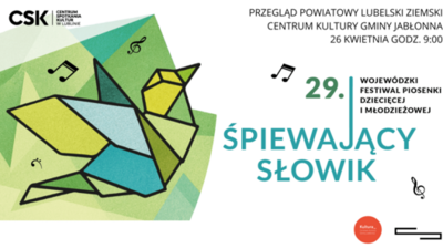 Grafika z zaproszeniem do udziału w eliminacjach do Wojewódzkiego Festiwalu Piosenki Dziecięcej i Młodzieżowej "Śpiewający Słowik", rysunek ptaka