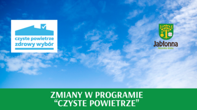 Zdjęcie nieba z chmurami, tekst zmiany w programie czyste powietrze, logo programu czyste powietrze, herb gminy Jabłonna