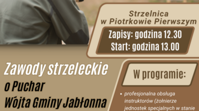 Plakat promocyjny zawodów strzeleckich z informacjami o wydarzeniu, czasie, miejscu i numerem kontaktowym organizatora, z grafiką celownika i broni w tle.