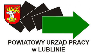 Logo Powiatowego Urzędu Pracy w Lublinie: biały jeleń na czerwonym tle, czarne i szare kwadraty, zielona strzałka w prawo, czarny napis.