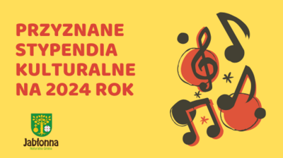 na żółtym tle  narysowane nuty, tekst przyznane stypendia kulturalne na 2024 rok