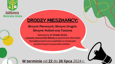 Informacja dla mieszkańców miejscowości Skrzynice Pierwsze, Skrzynice Drugie, Skrzynice-Kolonia oraz Tuszów