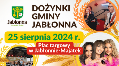 Alternatywny opis: Plakat wydarzenia "Dożynki Gminy Jabłonna", datowany na 25 sierpnia 2024. Zawiera harmonogram, zdjęcia artystów, informacje o sponsorach i atrakcjach dla dzieci, na tle żółto-czerwonym.