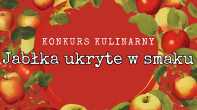 Jabłka na czerwonym tle, tekst konkurs kulinarny jabłka ukryte w smaku