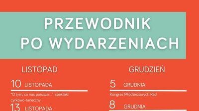 Zdjęcie przedstawia plakat z harmonogramem wydarzeń kulturalnych. Zawiera daty i opisy nadchodzących wydarzeń, takich jak spektakle, koncerty i projekcje filmowe, w różnych miesiącach, z wykorzystaniem różnych kolorów oraz grafikę przedstawiającą ludzi i instrumenty.