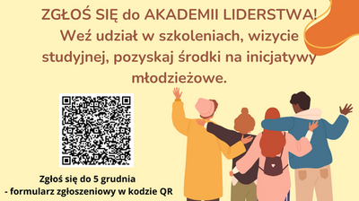 grafika ludzi, kod QR i napis zgłoś się do akademii liderstwa