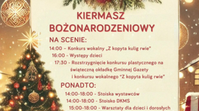 choinka, napis kiermasz bożonarodzeniowy