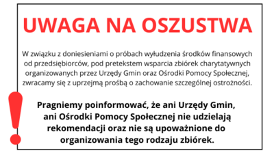 biało czarna grafika z ostrzeżeniem przed oszustami