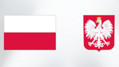 Flaga Polski z białym i czerwonym pasem poziomym obok godła Polski, przedstawiającego białego orła w złotej koronie na czerwonym tle.