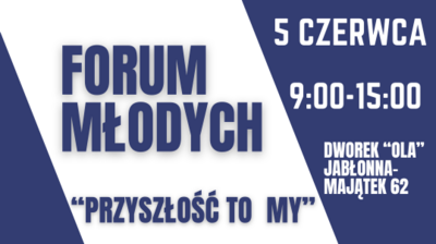 niebieski napis forum młodych przyszłość to my na białym tle