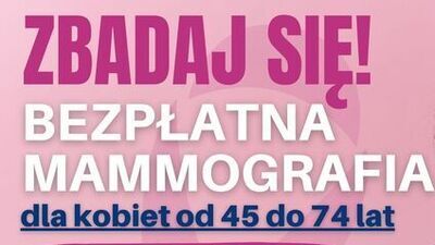 różowe tło napis zbadaj się bezpłatna mammografia dla kobiet od 45 do 74 lat