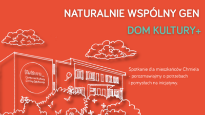 czerwone tło z konturem budynku domu kultury napis naturalnie wspólny gen, dom kultury+