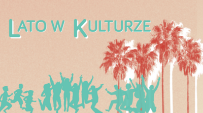 napis lato w kulturze na tle grafiki palm i grupy skaczących ludzi