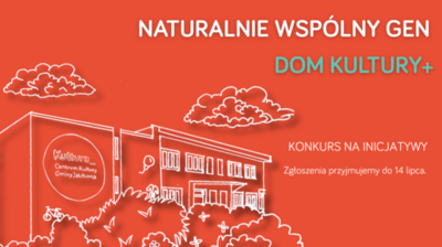 pomarańczowe tło, kontur budynku centrum kultury gminy jabłonna