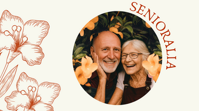 zdjęcie uśmiechniętych seniorów na jasnym tle