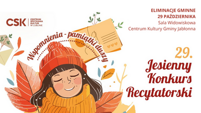 dziewczynka w pomarańczowych, jesiennych ubraniach i napis 29 jesienny konkurs recytatorski