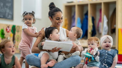 opiekunka czytająca książkę z gromadą małych dzieci