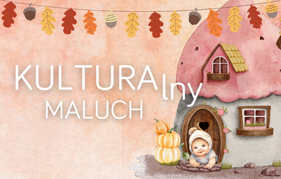 napis kulturalny maluch na różowym tle, grafika małego dziecka i domku