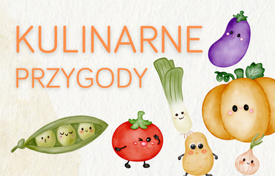 grafiki uśmiechniętych warzyw, napis kulinarne przygody na białym tle
