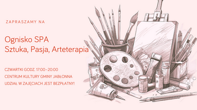 różowe tło, grafika artykułów do malowania, napis ognisko spa sztuka, pasja, arteterapia