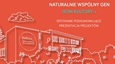 pomarańczowy fragment plakatu, kontury budynku centrum kultury gminy Jabłonna