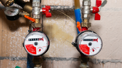 Dwa liczniki wody zamontowane na rurach, umieszczone na ścianie z cegieł. Każdy licznik ma białą tarczę z czarnymi i czerwonymi cyframi oraz wskaźnikami. Po obu stronach liczników znajdują się zawory z czerwonymi uchwytami. Widoczne są także metalowe i plastikowe elementy instalacji hydraulicznej. Odczyt liczników można sprawdzić na liczbach widocznych na białych tarczach.