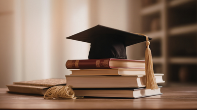 Czarna czapka absolwencka z frędzlem leży na stosie kilku książek ułożonych na drewnianym stole. Obok znajduje się jeszcze jeden zamknięty zeszyt lub notes. Zdjęcie jest zrobione w ciepłym świetle, co nadaje mu przytulny, studencki klimat. W tle rozmyte półki z książkami.