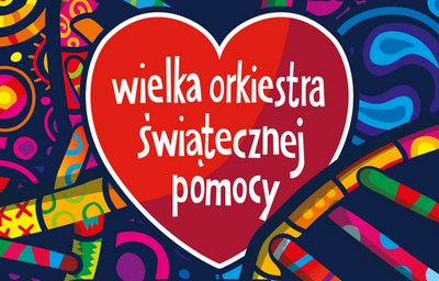Czerwone serce na kolorowym, abstrakcyjnym tle. W środku serca biały napis wielka orkiestra świątecznej pomocy. Tło składa się z ciemnoniebieskich pól z wieloma jaskrawymi, geometrycznymi i falistymi wzorami w kolorach: żółtym, różowym, zielonym, niebieskim i pomarańczowym. Serce ma biały obrys. Napis jest rozłożony na trzech wierszach i zapisany prostą, nieformalną czcionką.