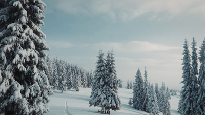 Scena zimowego lasu pokrytego śniegiem.

Na pierwszym planie po lewej stronie duże, gęste drzewo iglaste oblepione grubą warstwą śniegu. Pośrodku kadru stoi kilka wysokich drzew iglastych, także mocno zaśnieżonych. Wokół rozciąga się pofałdowane pole śniegu z widocznymi dwoma równoległymi śladami prowadzącymi w stronę horyzontu. W tle po prawej i lewej stronie rozciąga się gęstszy las iglasty, także pokryty śniegiem. Niebo jasne, lekko zachmurzone, barwy bladego błękitu i szarości. Cała scena ma spokojny, cichy, zimowy nastrój.