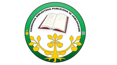 Okrągłe logo z zieloną obwódką, w której górnej części biegnie biały napis: „GMINNA BIBLIOTEKA PUBLICZNA W JABŁONNIE”. W środku białego pola znajduje się otwarta książka z lekko zarysowanym tekstem, podkreślona czerwonym konturem. Pod książką widnieje stylizowane, żółto‑zielone drzewko z pięcioma jabłkami.